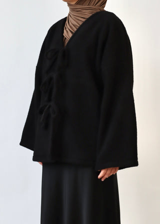Mantel mit Schleifen aus Teddyfleece | Black