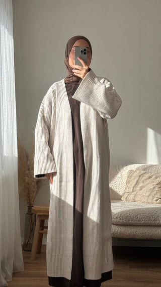 Langer Strickcardigan mit Rippmuster | Beige