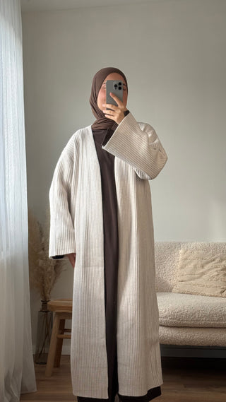 Langer Strickcardigan mit Rippmuster | Beige