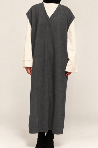 Ärmelloses Maxi-Strickkleid mit V-Ausschnitt | Grau