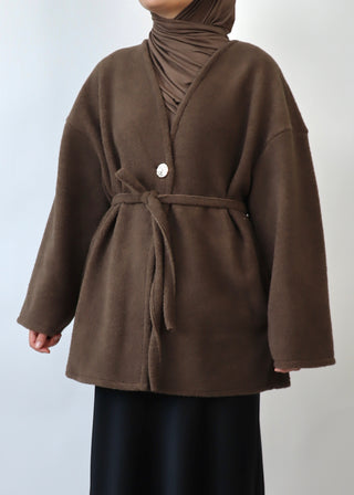 Mantel mit Gürtel aus Teddyfleece | Brown