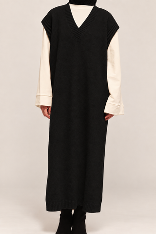 Ärmelloses Maxi-Strickkleid mit V-Ausschnitt | Schwarz
