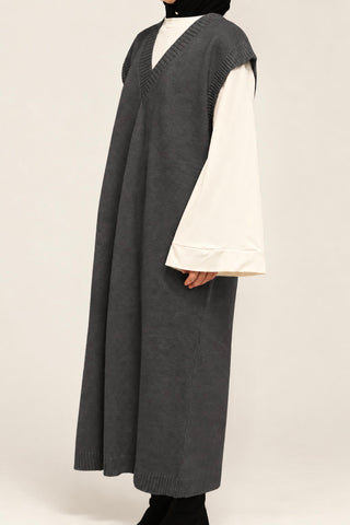 Ärmelloses Maxi-Strickkleid mit V-Ausschnitt | Grau