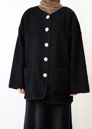 Mantel mit Knöpfen aus Teddyfleece| Black