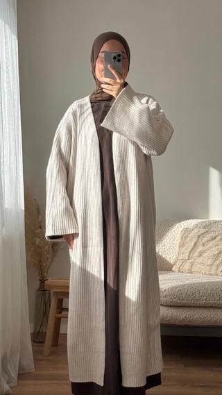 Langer Strickcardigan mit Rippmuster | Beige