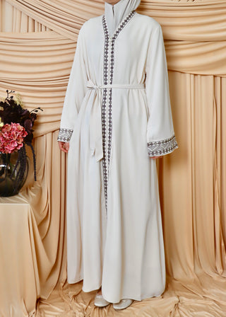 Bestickte Abaya mit Reißverschluss | Beige