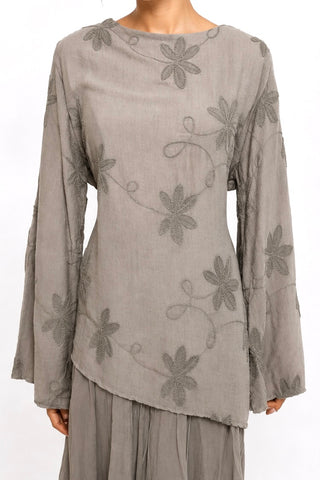 Oberteil mit floraler Stickerei | Taupe