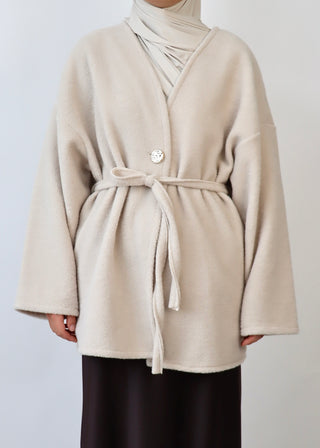 Mantel mit Gürtel aus Teddyfleece | Beige