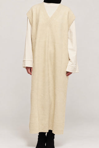 Ärmelloses Maxi-Strickkleid mit V-Ausschnitt | Beige