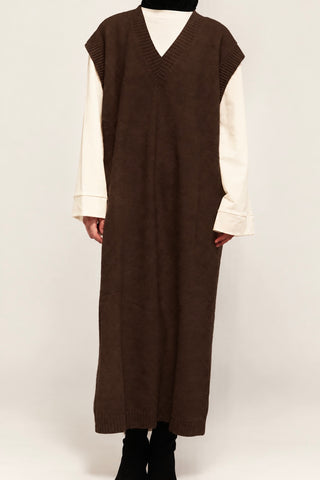 Ärmelloses Maxi-Strickkleid mit V-Ausschnitt | Braun