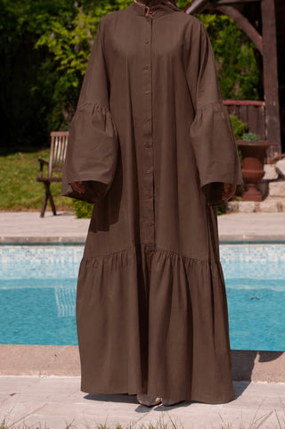 Langes Hemdkleid mit ausgestellten Ärmeln | Braun