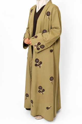 Kimono mit besticktem Blumenmuster | Khaki