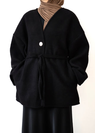 Mantel mit Gürtel aus Teddyfleece | Black